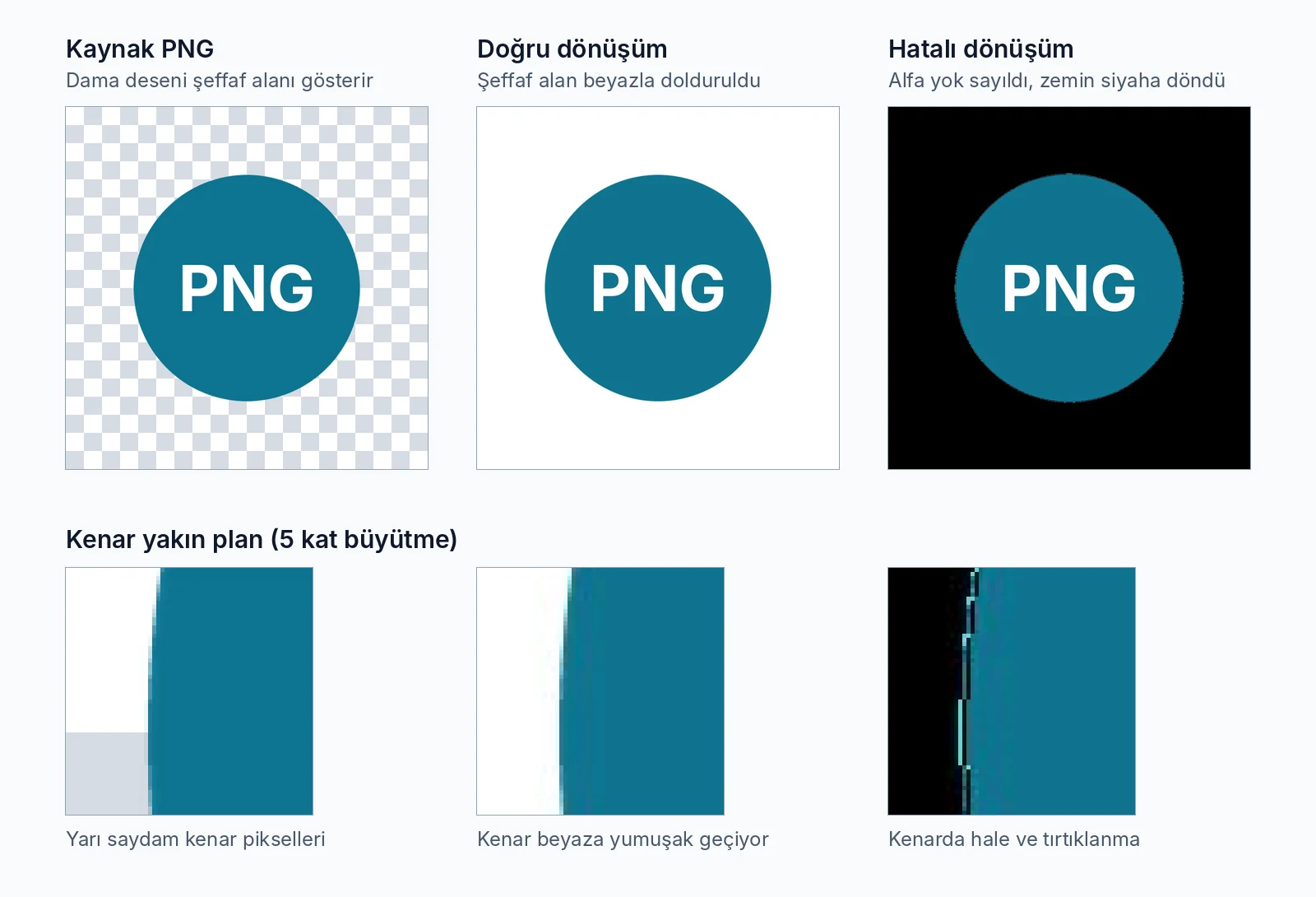 Üç panelli karşılaştırma. Solda dama desenli şeffaf zemin üzerinde mavi yuvarlak PNG logosu, ortada şeffaf alanı beyazla doldurulmuş JPG, sağda alfa kanalı yok sayıldığı için zemini siyaha dönmüş JPG. Alt sırada kenarların beş kat büyütülmüş görünümü yer alıyor ve hatalı dönüşümde kenarda açık renkli tırtıklı bir hale görülüyor.