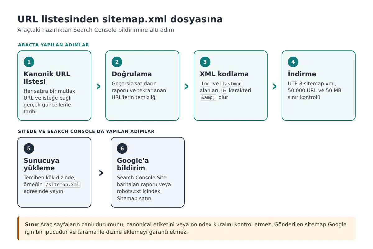 URL listesinden sitemap.xml dosyasına giden altı adımı gösteren akış şeması. Araçta kanonik URL listesi, doğrulama, XML kodlama ve indirme adımları, ardından sunucuya yükleme ve Search Console veya robots.txt ile Google'a bildirim adımları yer alıyor.