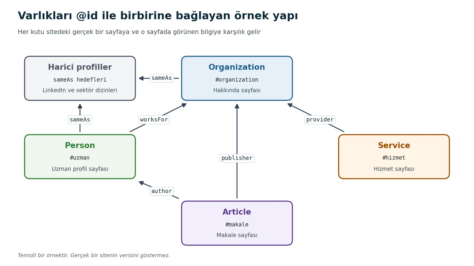 Person varlığının worksFor ile, Service varlığının provider ile Organization varlığına bağlandığını, Article varlığının author ile Person ve publisher ile Organization varlığına bağlandığını, Organization ve Person varlıklarının sameAs ile harici profillere bağlandığını gösteren temsili diyagram